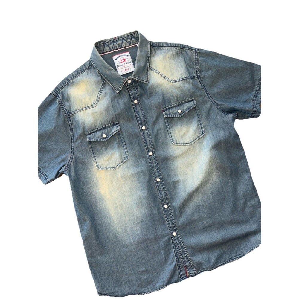 Thread & Cloth Denim Shirt XL Blue Short Sleeve Western Pearl Snap Pockets